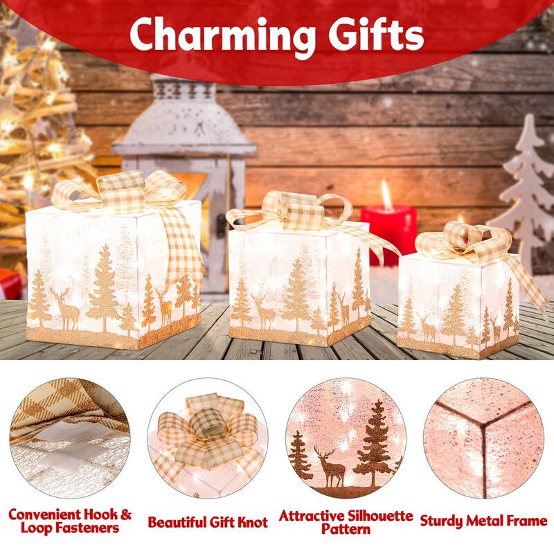 Set of 3 Pre-Lit Christmas Gift Boxes Lighted Present Decoration