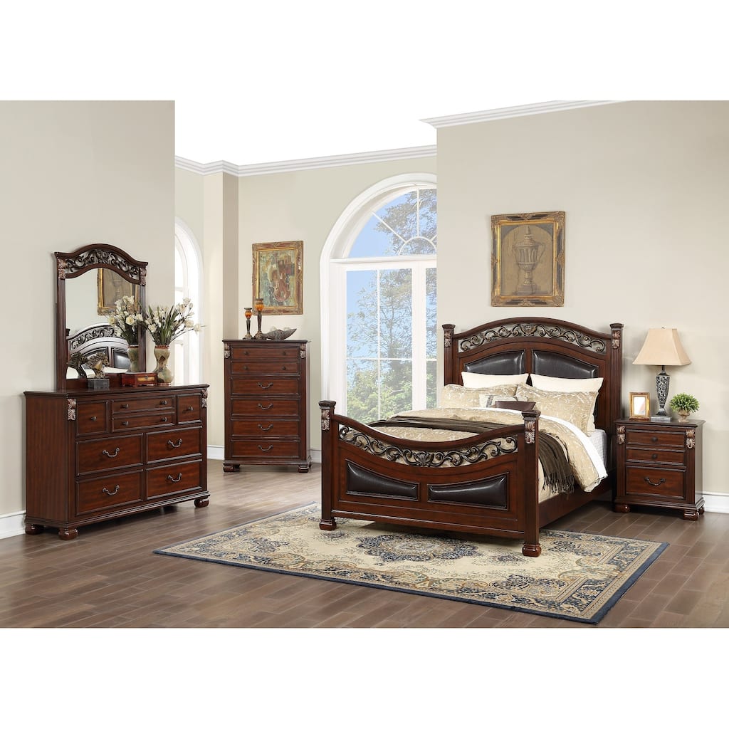 Traditional Style Bed Set Padded Headboard and Footboard Dark Cherry Finish