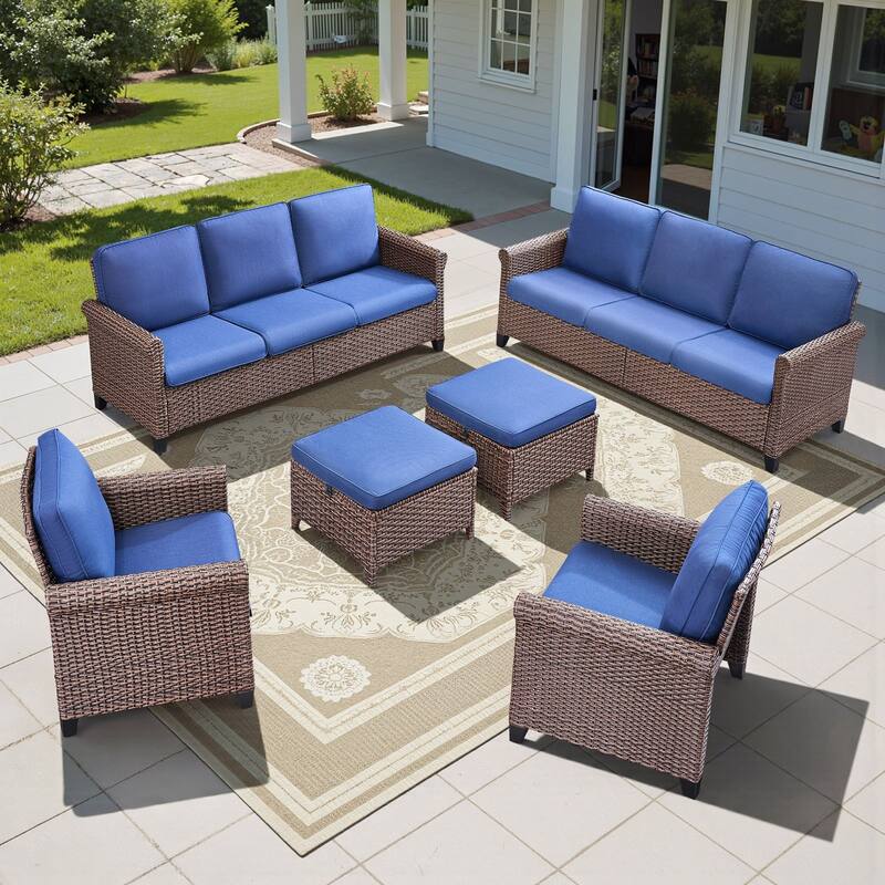 Pocassy Outdoor Sofa with Patio Chairs Funiture Set - 6PCS Sofa Patio Chair w/ Ottoman - Brown Wicker Beige Cushion