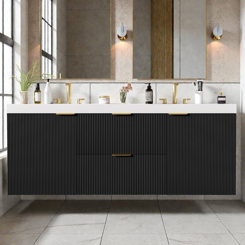59.3" Double Sink Bathroom Vanity, Wall Mounted Cabinet with SMC Integrated Top, Soft-Close Storage Drawers - Black