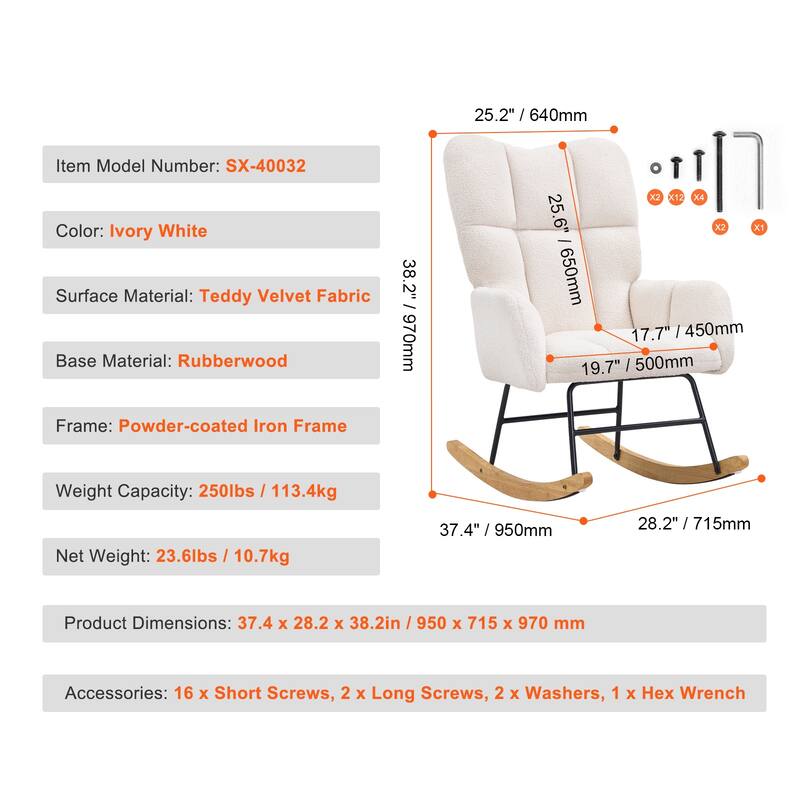Rocking Chair Nursery for Nursery, Bedroom, Living Room, Ivory White - 250 lbs