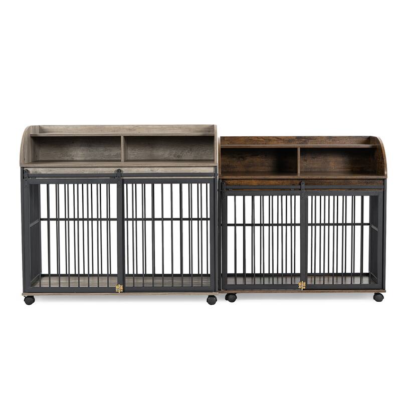 Duty Large Dog Crate Furniture with Sliding Door and Lockable Wheels, End Table Crate with Double Layer Storage