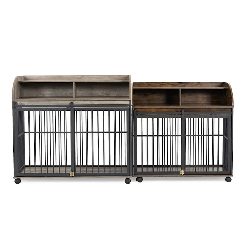 Heavy Duty Large Dog Crate Furniture with Lockable Wheels,Wooden Dog Crate Dog Kennel,End Table Crate with Double layer storage