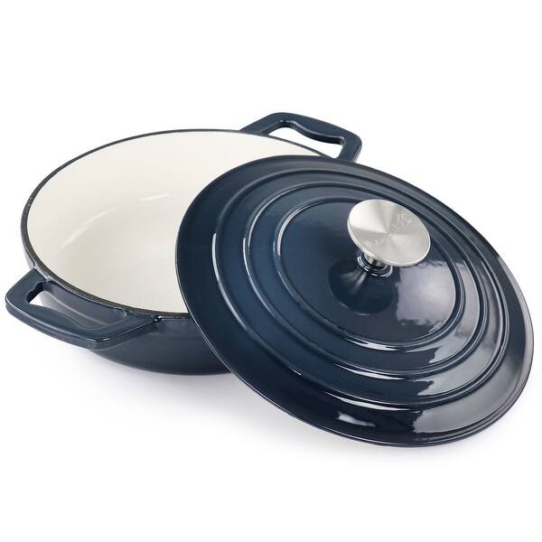 slide 2 of 7, 2 Quart Dark Blue Round Cast Iron Enameled Braiser Pan