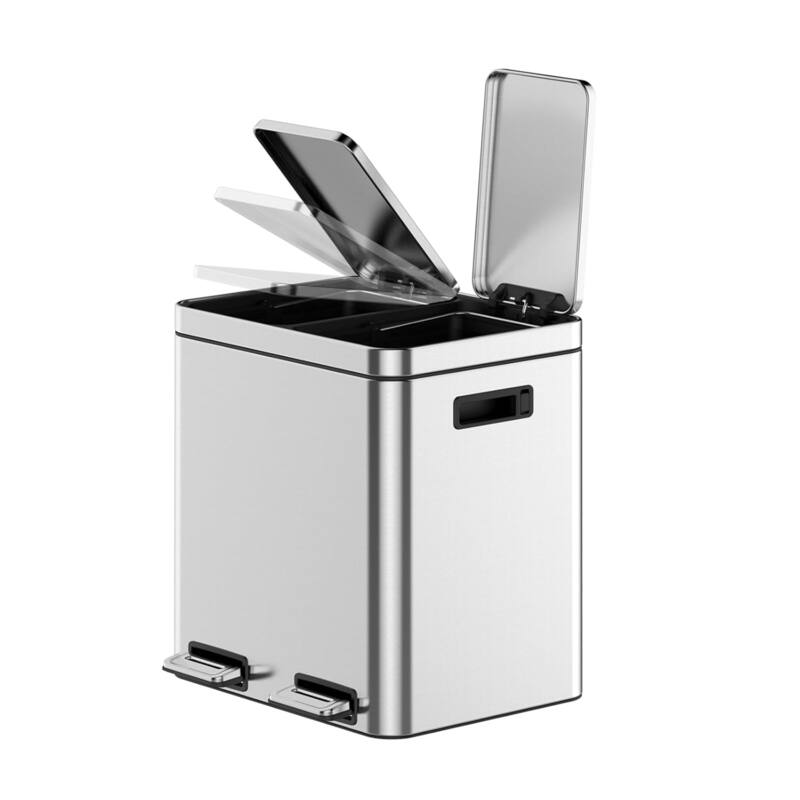 2 x 4 Gal (2 x 15L) Trash Can, Stainless Steel Dual Compartment Step-On Recycling Bin