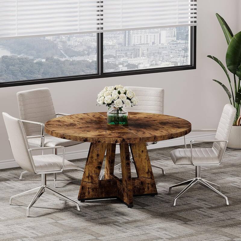 47" Round Conference Table Meeting Room Table with Thickened Top Wood Base Modern Training Desk for Conference/Seminar Room