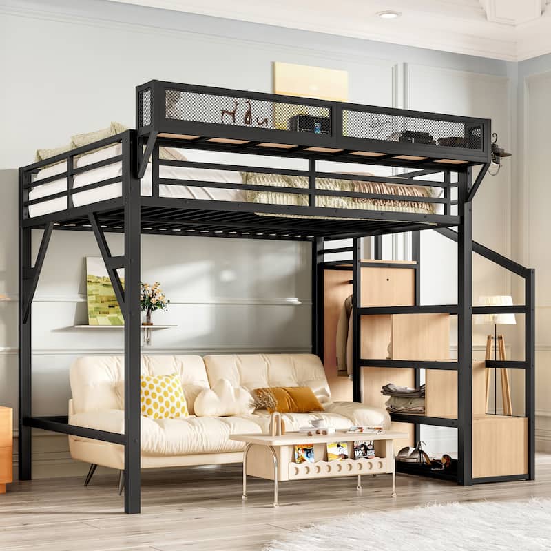 Full Loft Bed with Storage Stairs, Shelves and Built-in Wardrobe, Metal Loft Bed Frame with USB Ports and LED Lights
