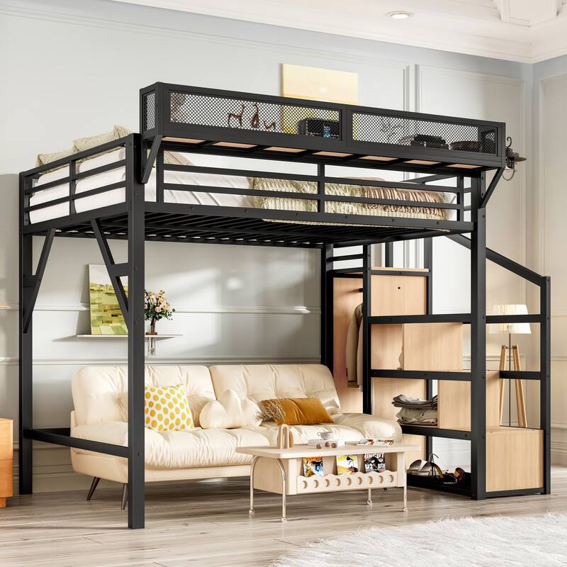 LED High Loft Bed with Charging Station, Heavy Duty Metal Loftbed Frame with Stairs, Shelves and Wardrobe