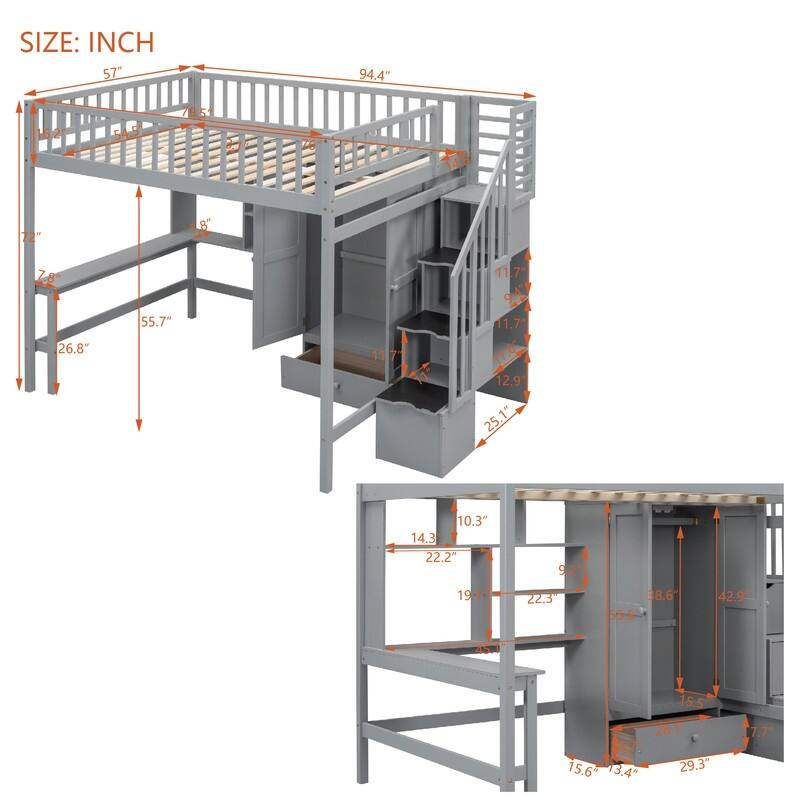 Wooden Full size Loft Bed with Bookshelf,Drawers,Desk,and Wardrobe