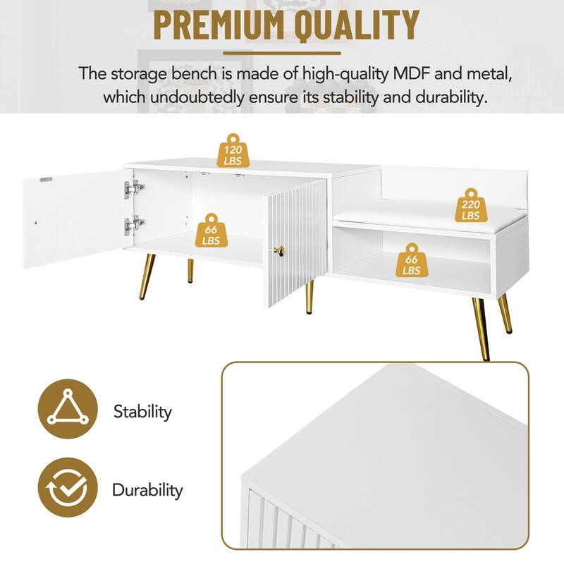 Modern Shoe Storage Bench with Storage Cabinet and Upholstered Cushions, Entryway Bench with Open Compartment for Living Room