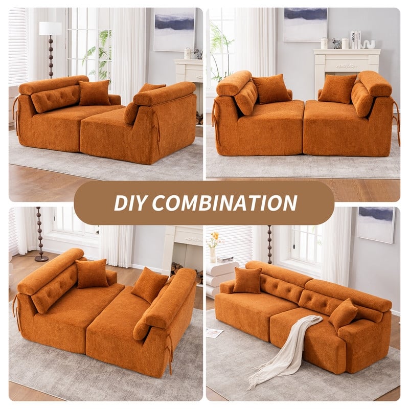 4-Seater Compression Sofa with Pillows, Wood Grain Chenille Fabric