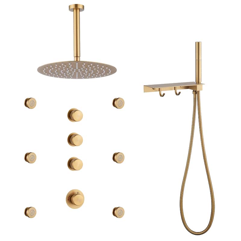 CASAINC Thermostatic 12 inch Rainfall Showerhead with Handheld Spray & 6 Body Jets Set(Can All Run Together) Rain Shower System