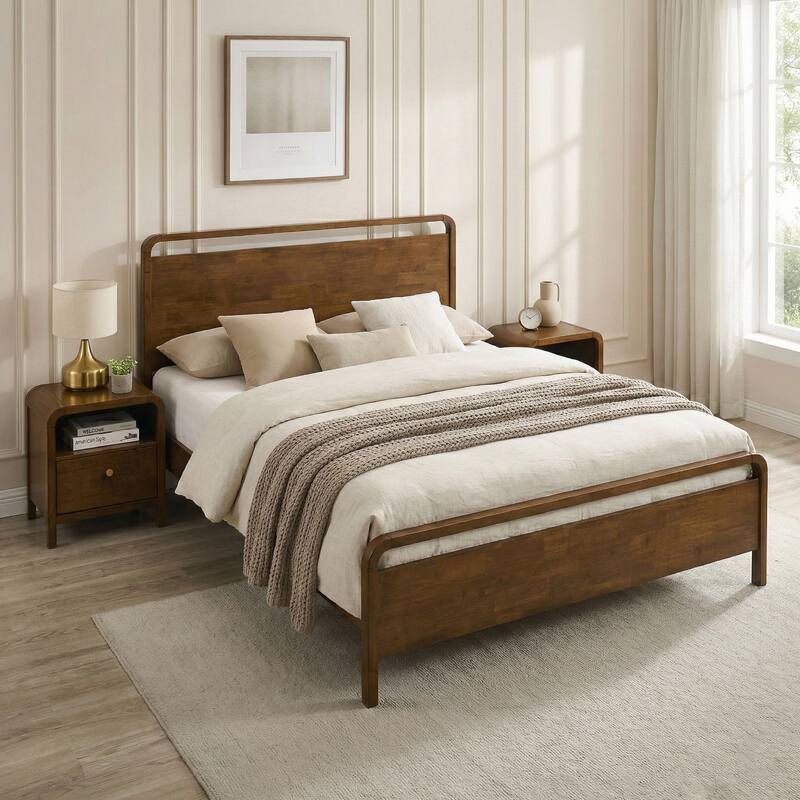 Roundhill Furniture Eldren Wood Bedroom Set, Platform Bed with Two Nightstands in Walnut Finish