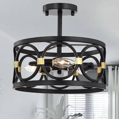 Black and Gold Flush Mount Chandelier 3-Light Ring Ceiling Light