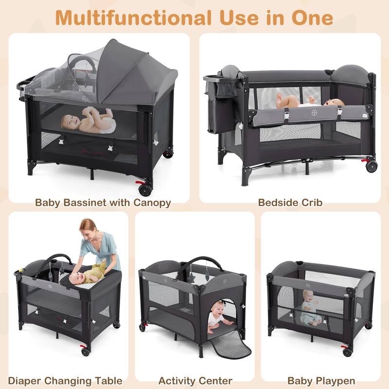 Multifunctional Kids Bassinets with Crib, Changing Table and Playpen - 39.5" L x 27.5" W x 28.5" H