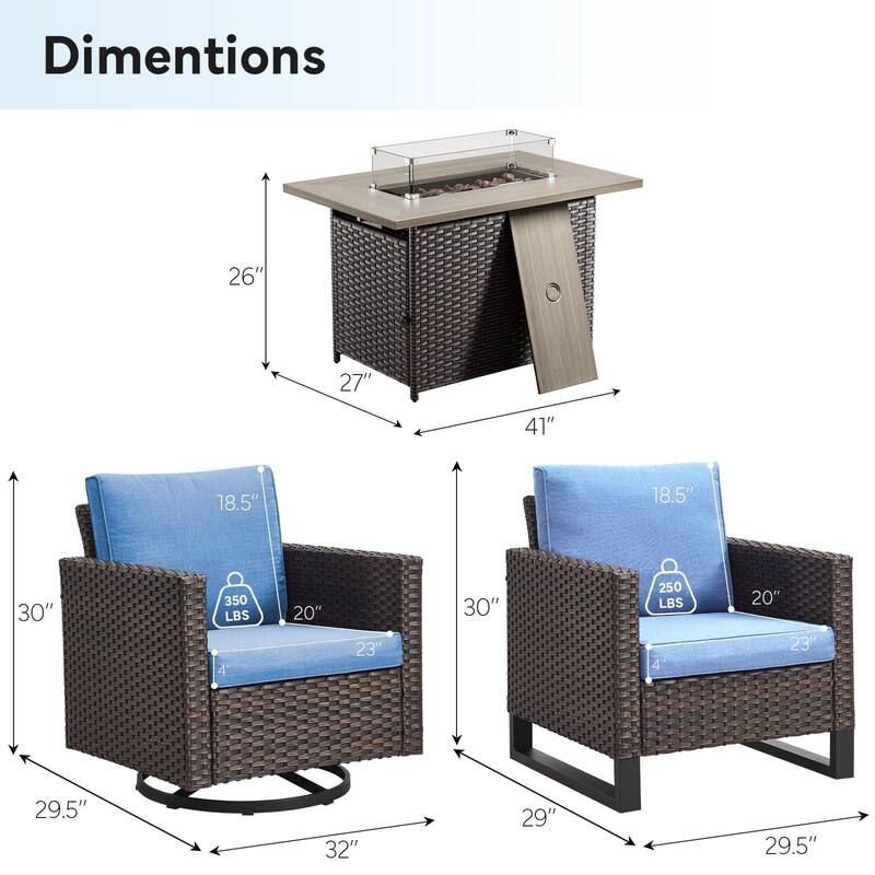 2 Swivel Chair 2 Club Chair with Fire Table Brwon-Blue - Brown