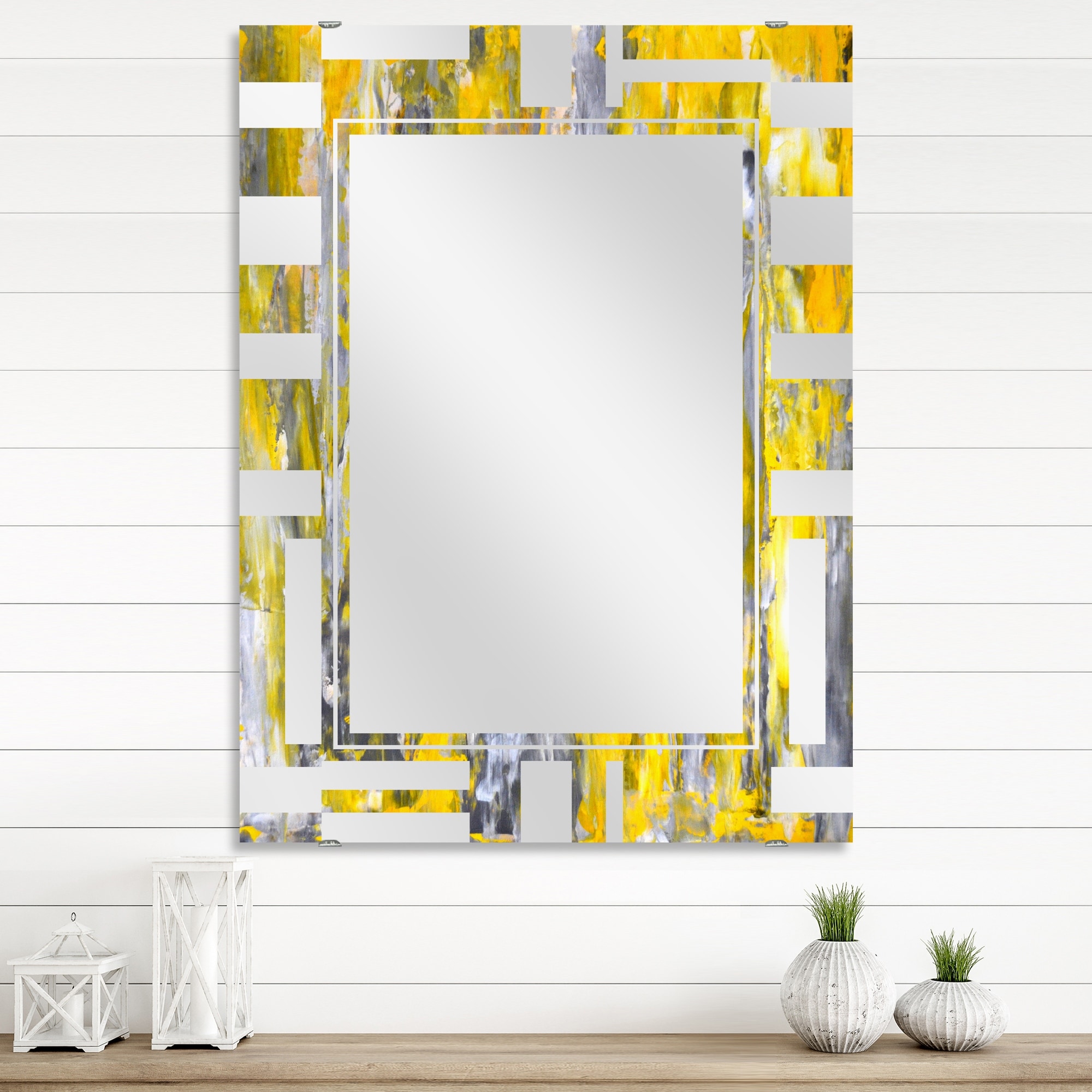 Designart 'Grey and Yellow Abstract Pattern' Abstract Printed Wall Mirror