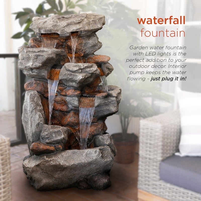 Alpine Corporation WIN730 52" Brown Outdoor Floor Tiered Rainforest Rock Fountain with LED Lights