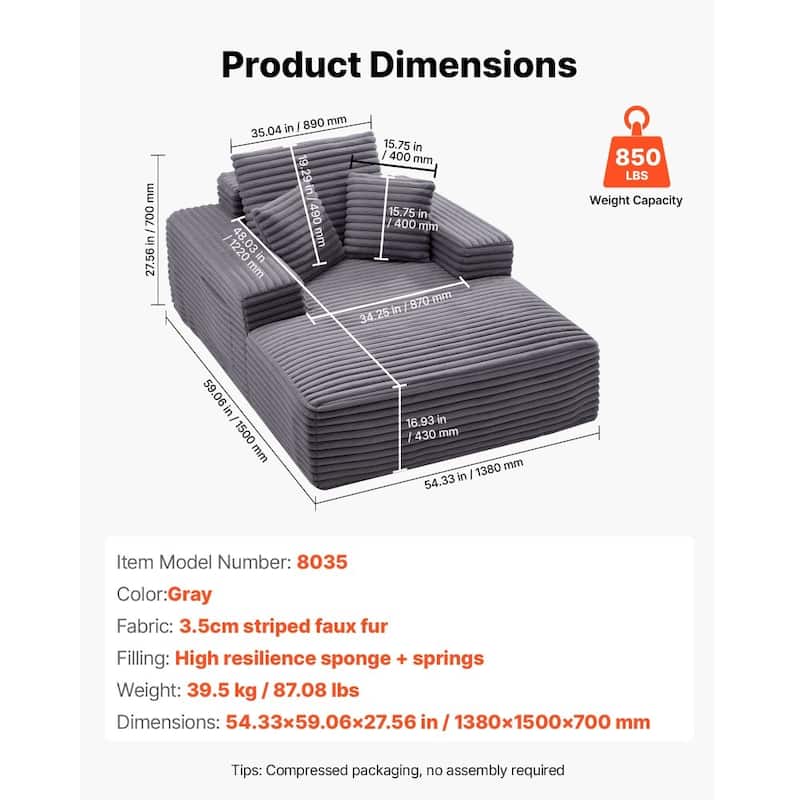 Faux Fur Chaise Lounge with Ergonomic Design, Pocket Springs and Pillows