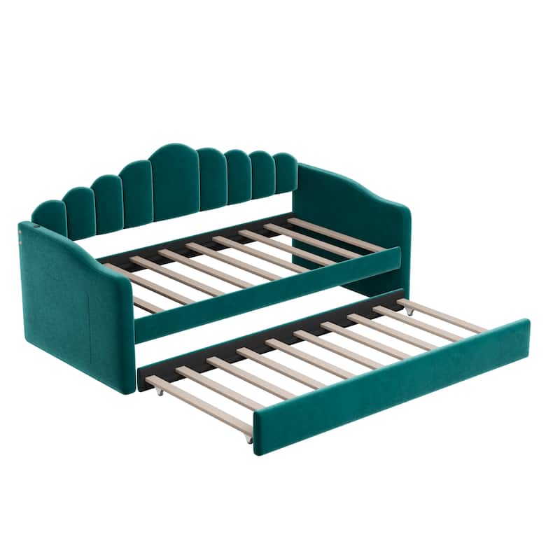 Twin size Upholstered Daybed with Trundle ,Velvet Sofabed with USB Charging Ports,No Box-spring Needed