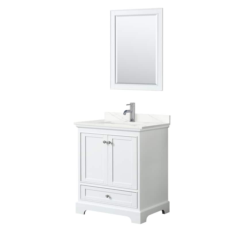 Deborah 30-inch Single Vanity, Quartz Top, 24-inch Mirror - White, Chrome Trim, Giotto Quartz Top