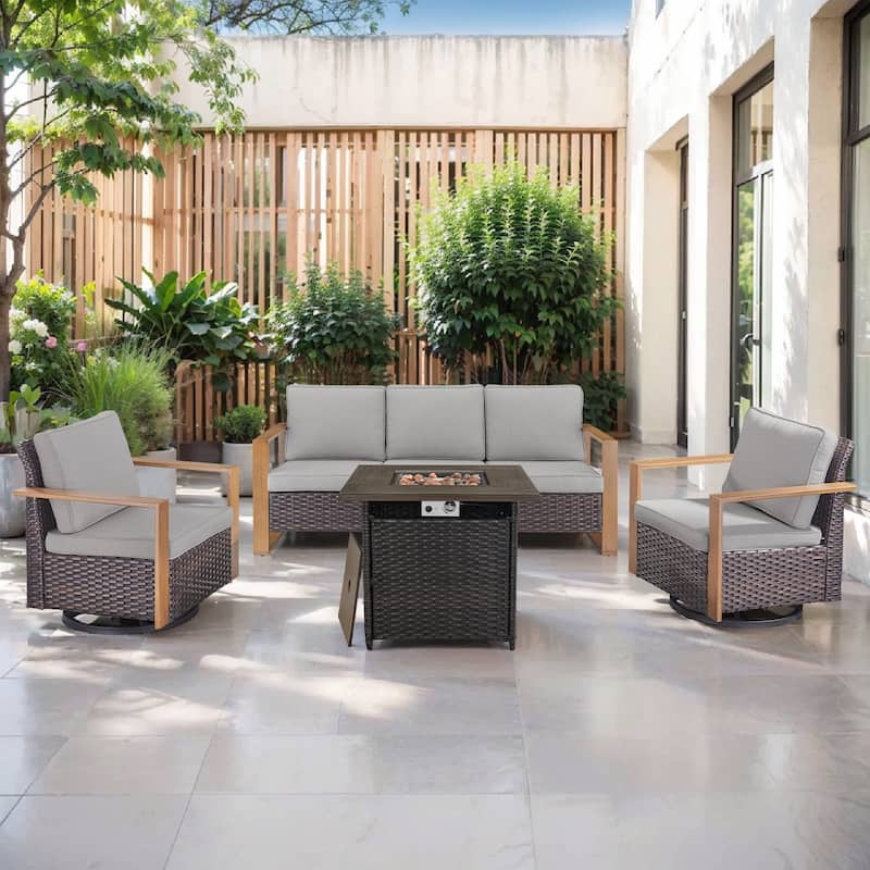 Pocassy Outdoor Fire Pit with 3-Seat Sofa Swivel Chairs Patio Furniture Set - Brown Wicker Gray Cushion - 4-Piece Sofa Swivel Chair with Fire Table