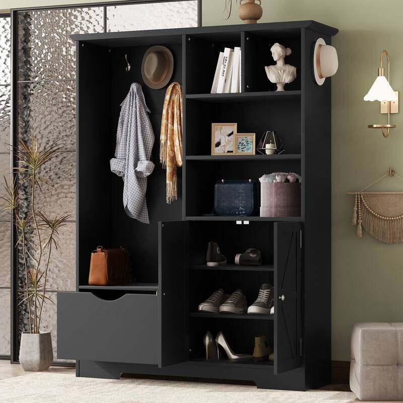 Anmytek Black 5 in 1 Hall Tree Entryway Storage Organizer with Shoe Bench Hooks Cabinet