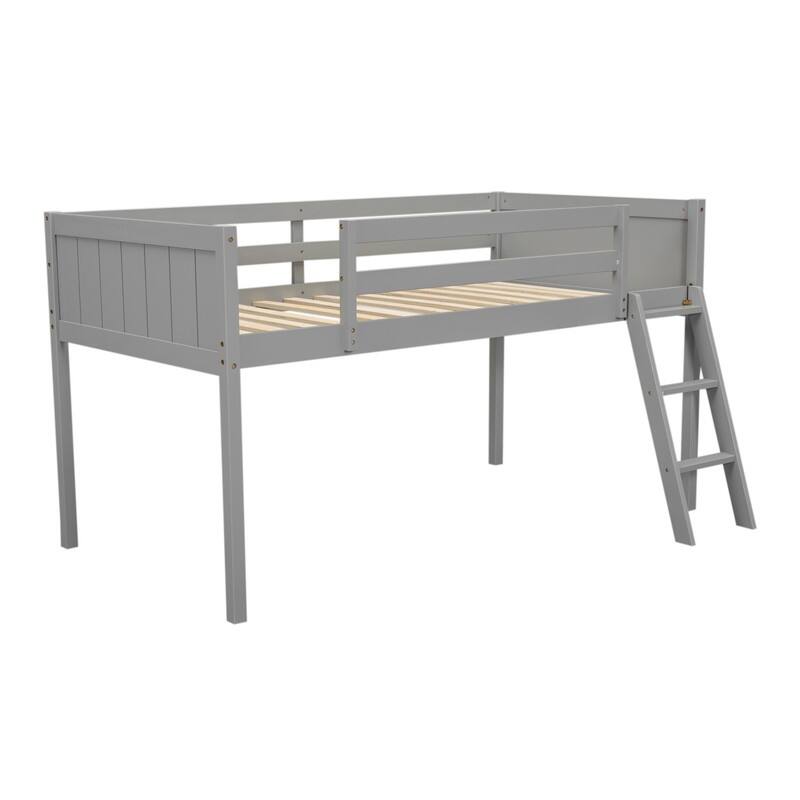 Twin Size Wood Low Loft Bed with Ladder, ladder can be placed on the left or right