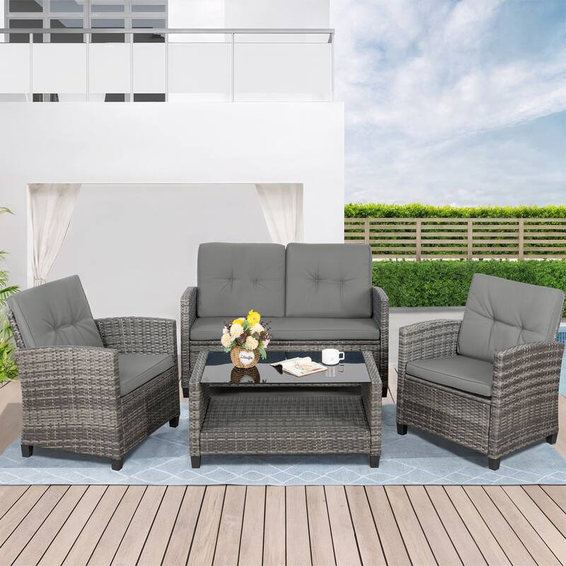 Outdoor 4-Piece Wicker Patio Conversation Sofa Set - N/A - Grey