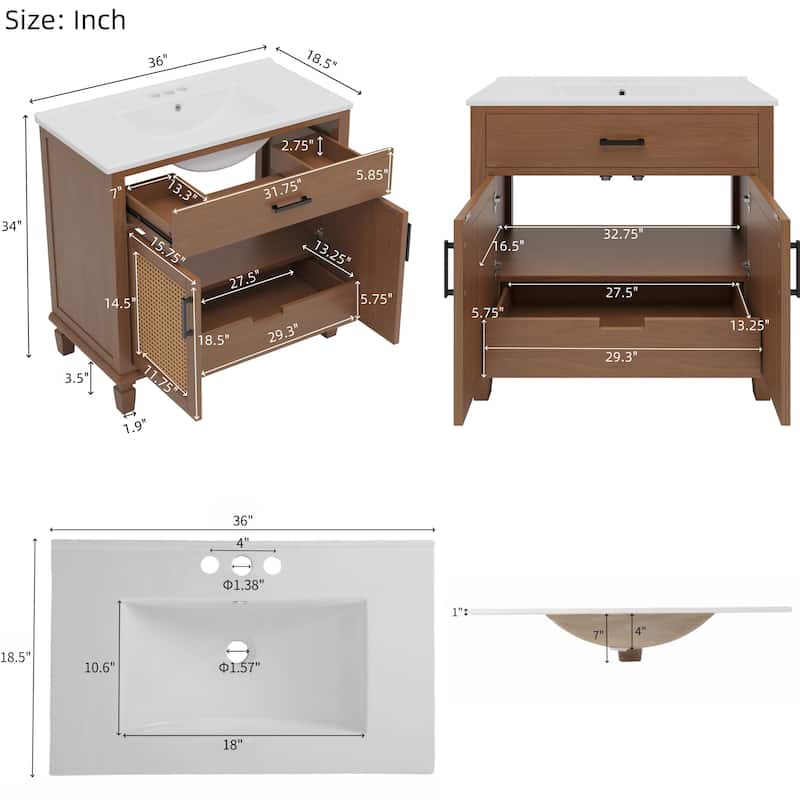36"Bathroom Vanity with Sink, 2 Soft Close Doors and 3 Drawers, Free-standing Vanity with Wood Legs and Large Storage