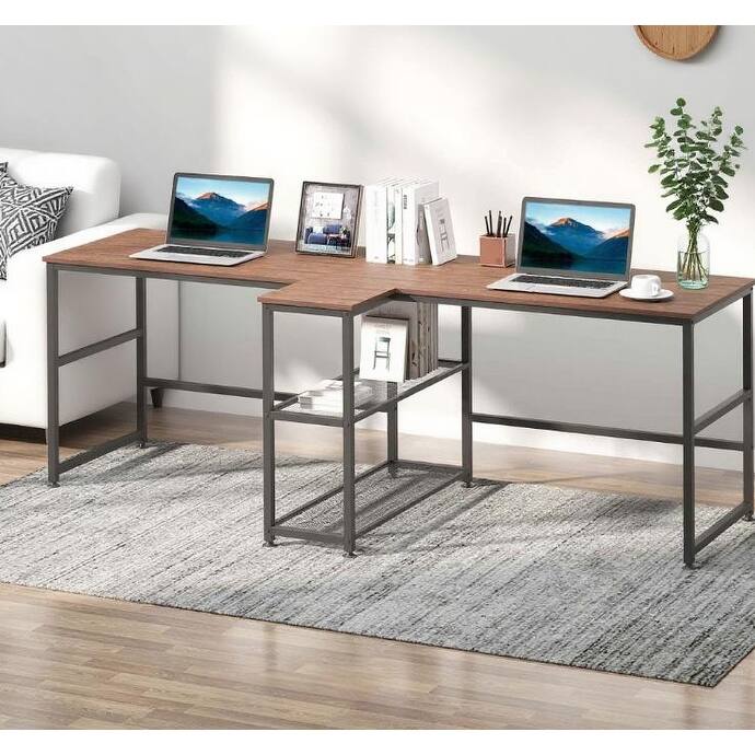 Desk Two Person Computer Desk with Storage Shelves, Double Desk Workstation with Book Shelf
