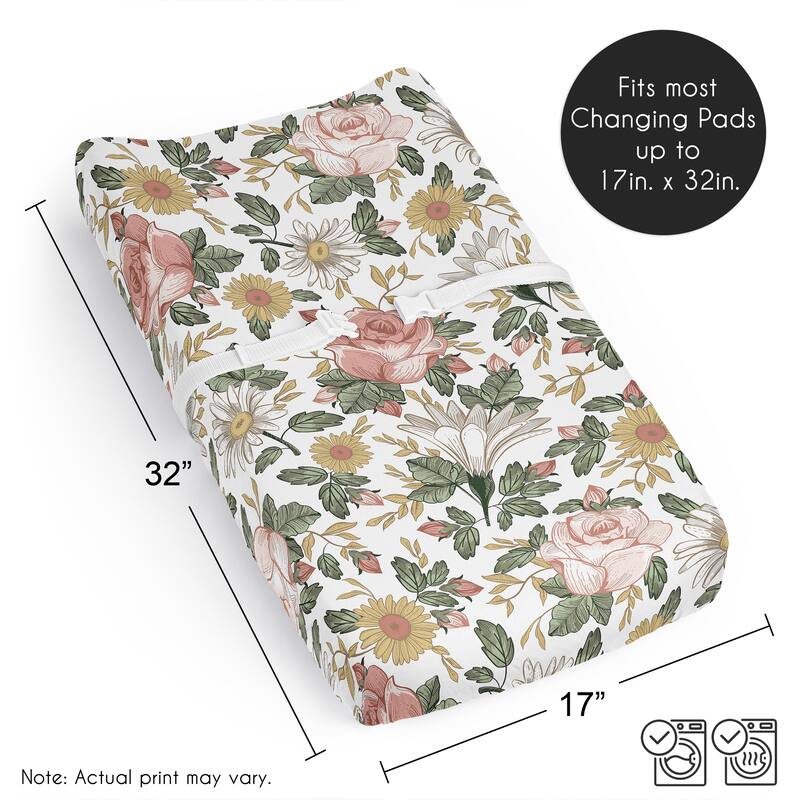Sweet Jojo Designs Blush Pink Yellow Vintage Floral Boho Girl Changing Pad Cover Sheet White Bohemian Shabby Chic Farmhouse Rose