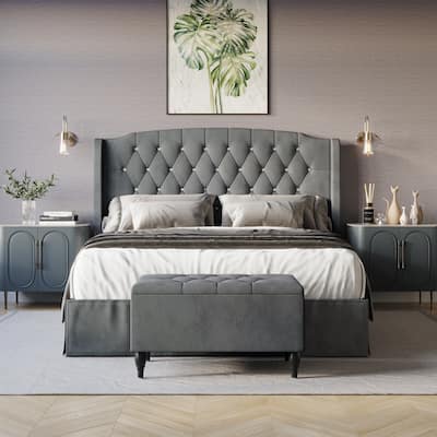 CraftPorch 2 Piece Bedroom Bench Set Velvet Wingback Upholstered Bed