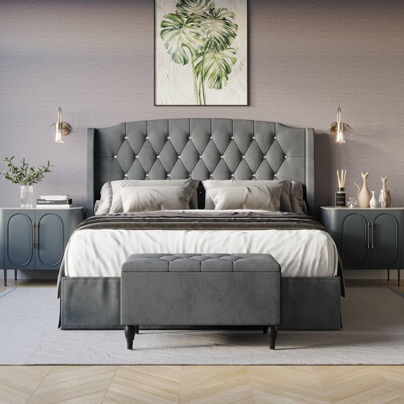 CraftPorch 2 Piece Bedroom Bench Set Velvet Wingback Upholstered Bed