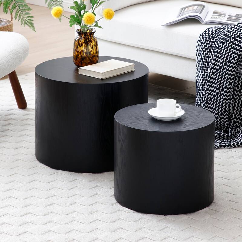 Wood Grain Coffee Table Set of 2 Round Nesting Side Table Lightweight End Table Modern Accent Table, No Assembly Required