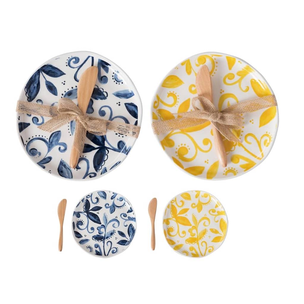 Transpac Ceramic Citrus Indigo App Plates w/Wood Spreader Home Decorations Spring