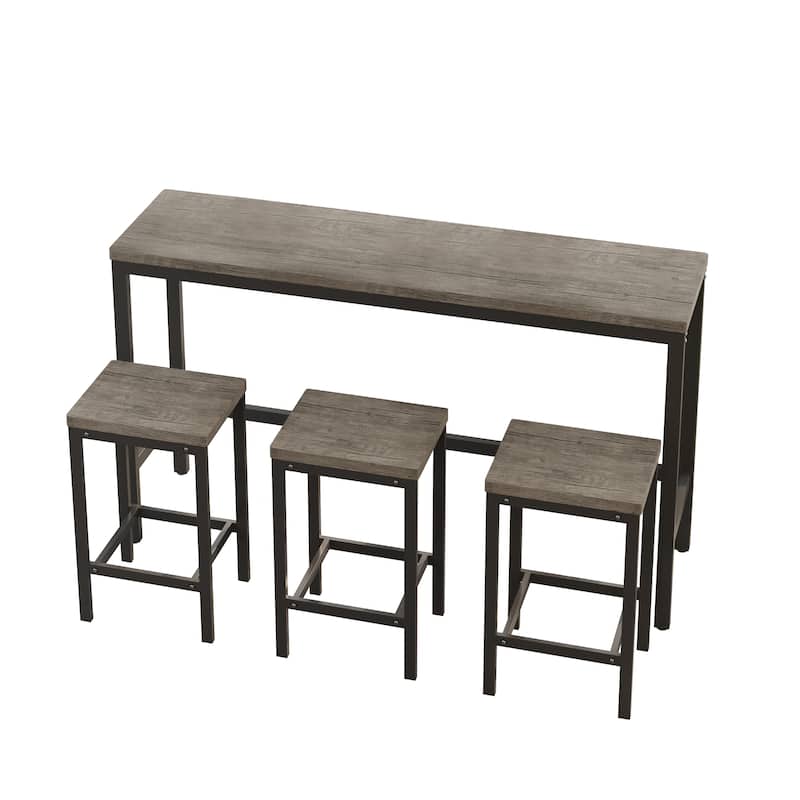 Long Dining Table Set with 3 Stools Pub Kitchen Set Side Table with Footrest