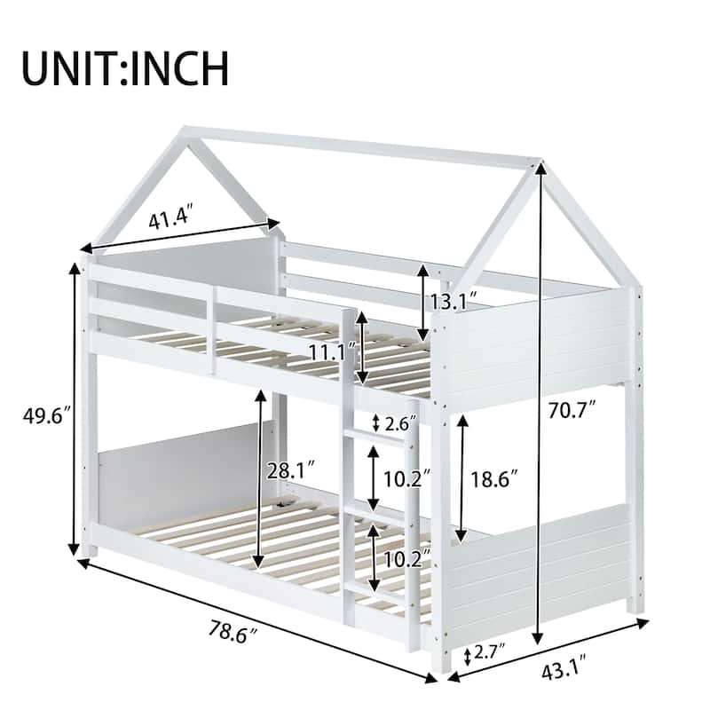 Twin over Twin Floor Bunk Bed,Rubber Wood House Shaped Bunk Bedframe