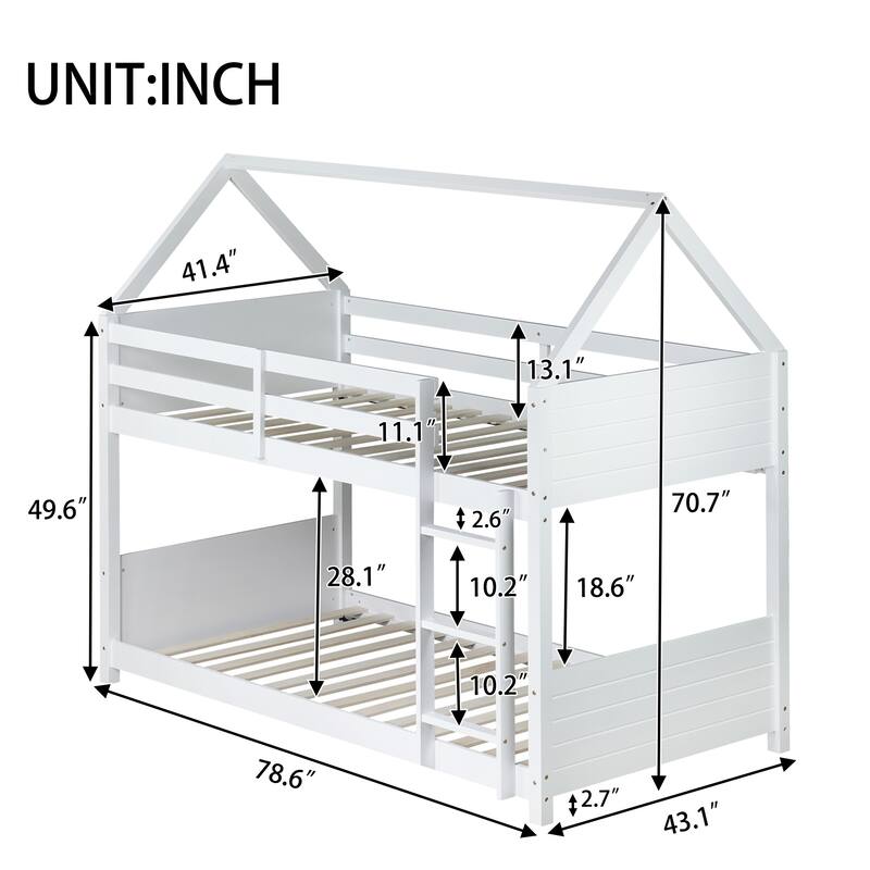 White Twin Over Twin House-Shaped Bunk Bed with Headboards, Footboards & Safety Guardrails
