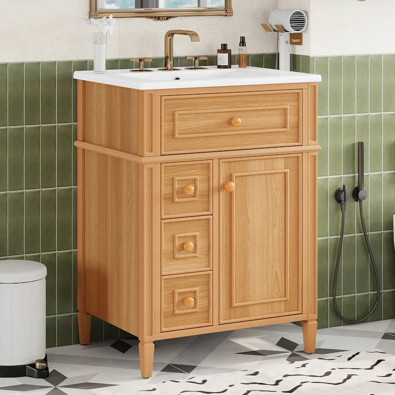 24''/30" Solid Wood Frame Freestanding Bathroom Vanity with Ceramic Sink