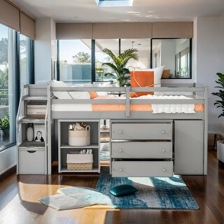 Artsy Full Size Loft Bed with Retractable Writing Desk and 3 Drawers, Wooden Loft Bed with Storage Stairs and Shelves, Grey