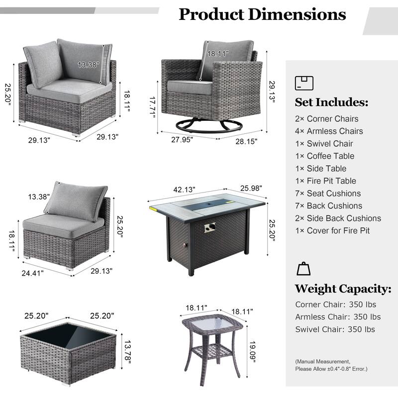 HOOOWOOO 10-piece Wicker Patio Furniture Sectional Sofa Set Swivel Rocker with Fire Pit Table