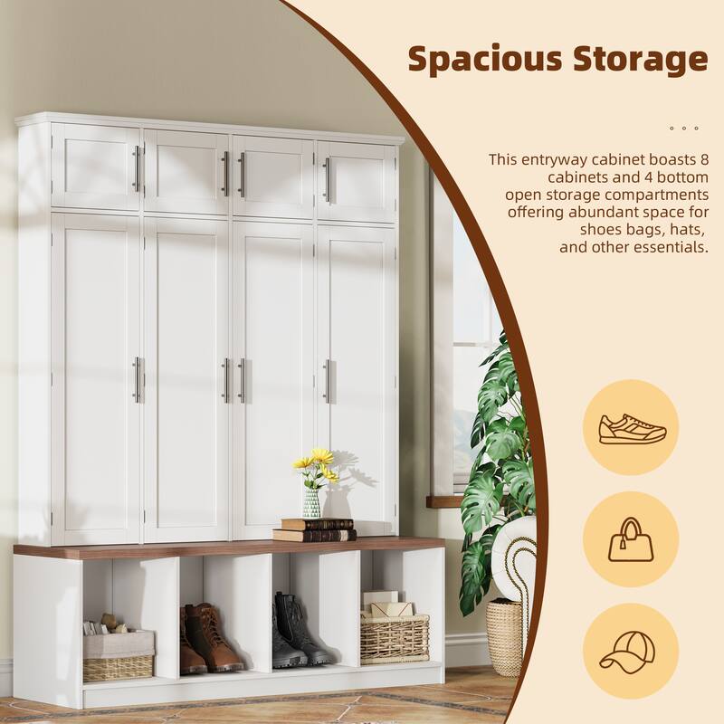 Farmhouse Hall Tree with 4 Hidden Hanging Hooks,Versatile Seating Bench with 8 Doors,Entryway Shoe Cabinet with Open Compartment