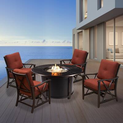 Aluminum 44-in Round Antique Copper Fire Table Set with Four Deep Seating Rocking Chairs with Accessories