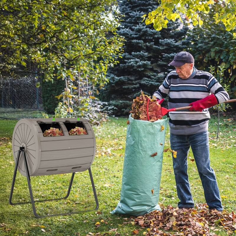 Dual Chamber Tumbling Composter, 43 Gallon Outdoor Tumbling Composter, Rotating Design with Renovate Doors and Steel Frame