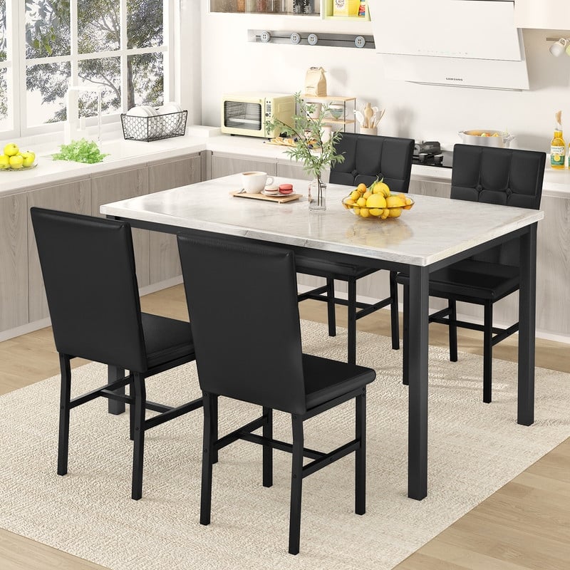 Grondin Modern Style 5 Pieces Dining Table Set For 4, Faux Marble Dining Room Table Set With 4 Upholstered Dining Chairs - Marble Grey & Black Faux Leather