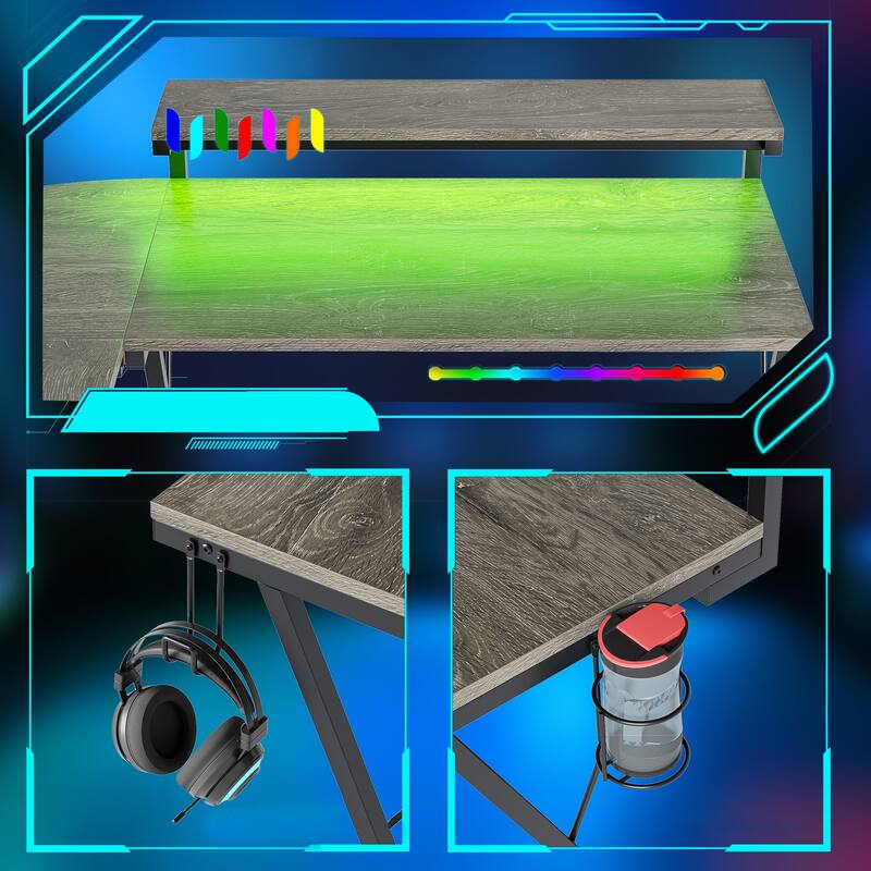 55 Inch Gaming Desk LED L Shaped Computer Corner Desk