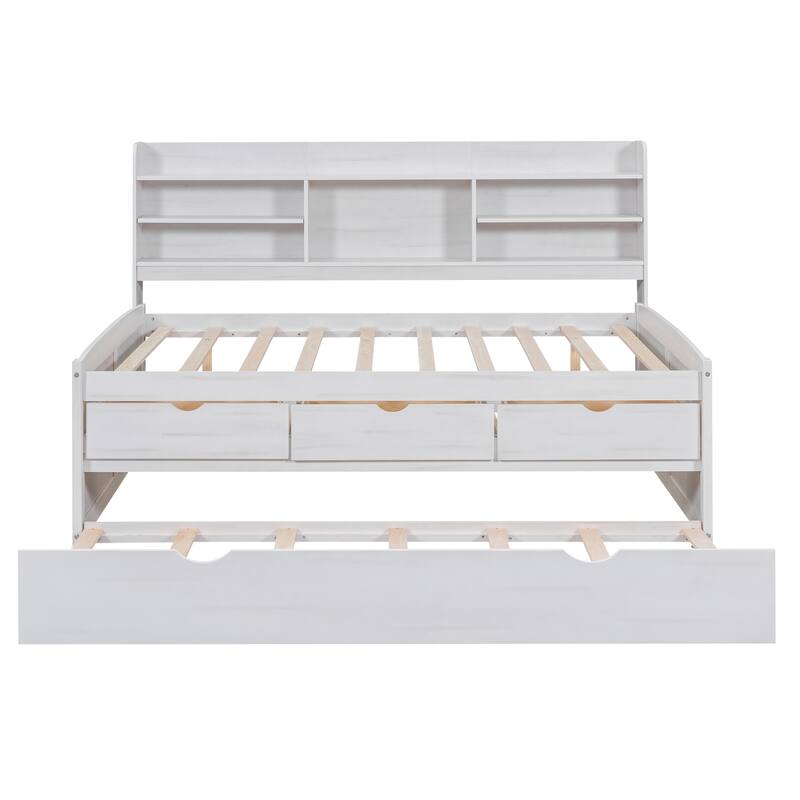 Full Size Wooden Bed with Bookcase Headboard, Three Storage Drawers, and Trundle for Space-Saving Design