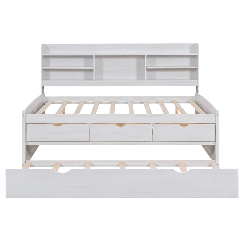 Full Size Wooden Captain Bed with Built-in Bookshelves, Storage Drawers, and Trundle in White Wash