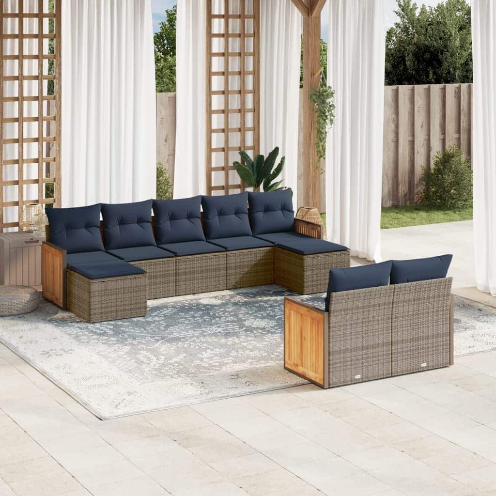 vidaXL 9/10 Piece Patio Sofa Set with Cushions Black/Gray Poly Rattan - 21.7 x 24.4 x 27.2